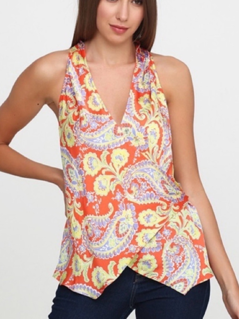 Ralph Lauren Orange Paisley Festival Boho Print Sleeveless Top Size 10
